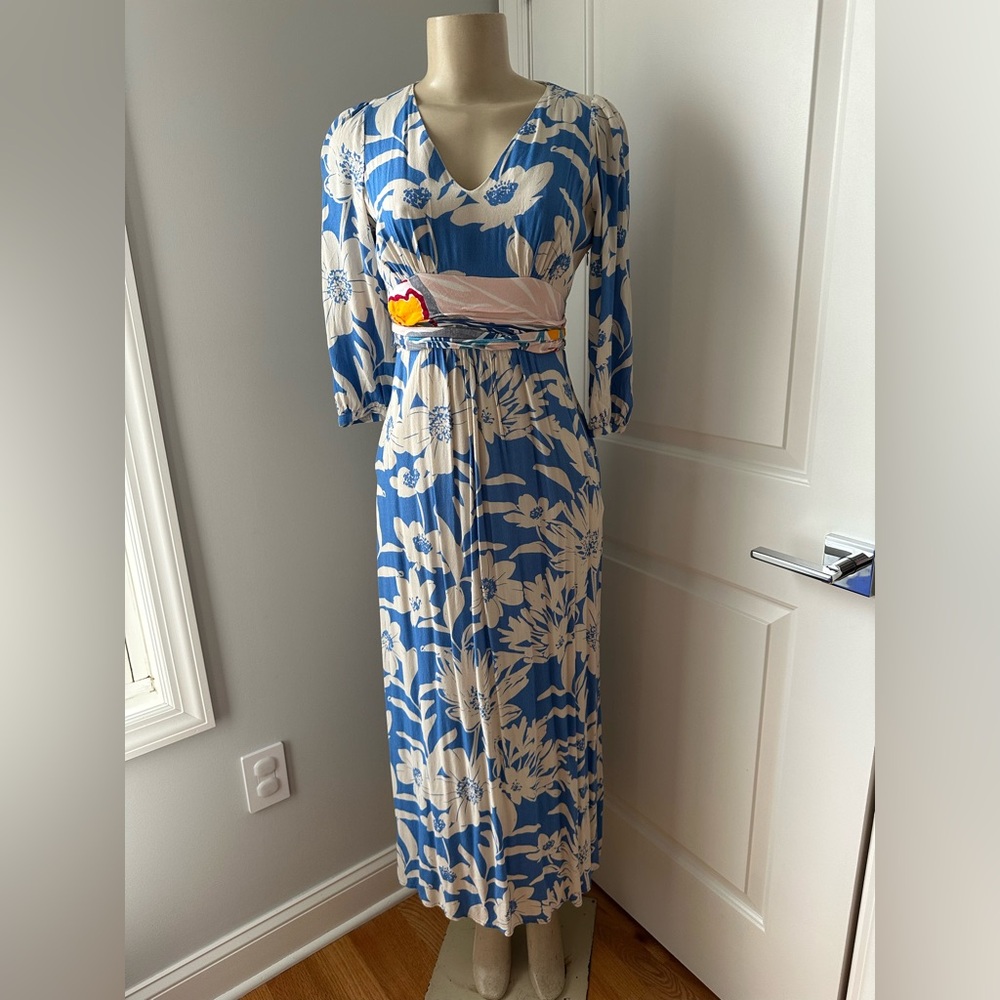 Anthropologie Blue and Cream Floral Maxi Dress